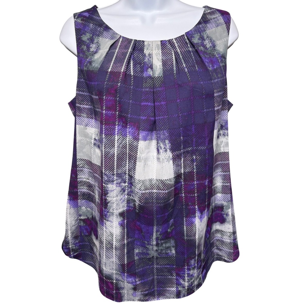ANNE KLEIN Purple Plaid Sleeveless Blouse Sz M Pleated Front Career Preppy Edgy